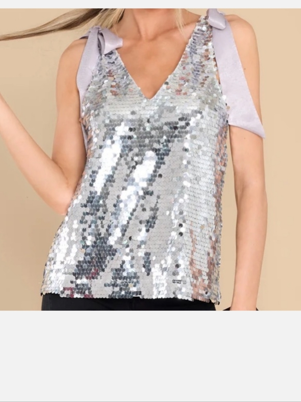 Sequin Shoulder Tie Tank Top AURA Size L Bow SHOULDERS